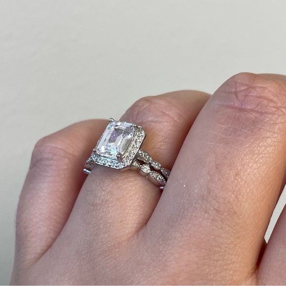 Emerald Cut Engagement Ring Set, Bridal Set, Sterling Silver with Sparkling CZ - Picture 2 of 10